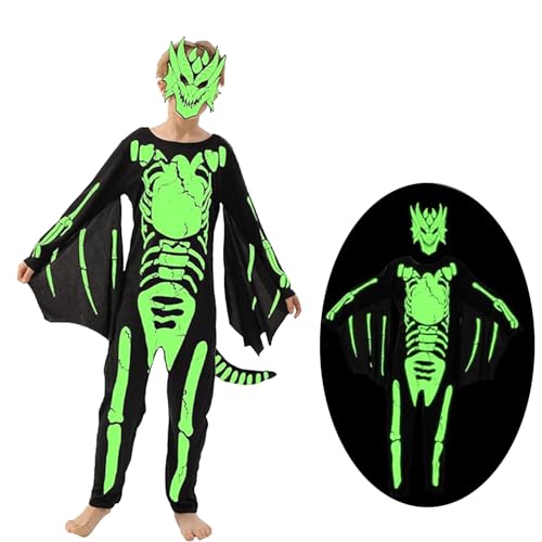 HYDTQCL Halloween Skelett Kostüm Kinder, Skeleton Dino Kostüm Kinder, Skelett Overall Kinder, Leuchtendes Skelett Kostüm Kinder, Halloween Kostüm Kinder Jungen für Halloween Carnival Cosplay (L) von HYDTQCL