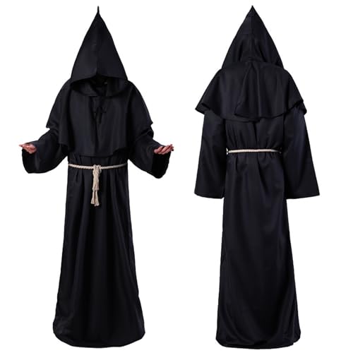 HYDTQCL Mönch Kostüm, Mönch Kostüm Herren Mönchskutte Mönch Robe, Priester Kostüm Herren mit Halskette Kreuz, Kapuze Und Kordel, Karneval Cosplay Herren Mönchskostüm (L) von HYDTQCL