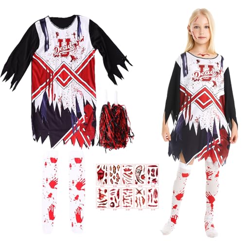 HYDTQCL Zombie Cheerleader Kostüm Mädchen, Horror Cheerleader Kostüm Kinder Deluxe Set Enthalten Pompoms Strümpfe Blutnarbe Temporäre Tattoos, Halloween Kostüm Kinder Mädchen für Cosplay (L) von HYDTQCL