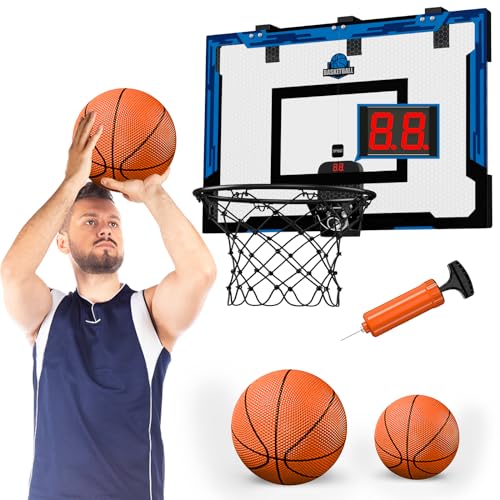 24" x 16" Großer Basketballkorb Indoor für Erwachsene, Basketball Korb mit Stabiler Backboards, 2 Balls, Pumpe, Big Basketball Spielzeug für Mann Kinder Teens Jungen Mädchen (blau with Scorer) von HYES