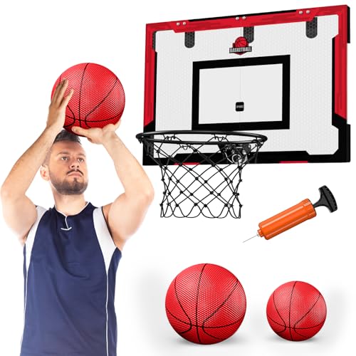 24" x 16" Großer Basketballkorb Indoor für Erwachsene, Basketball Korb mit Stabiler Backboards, 2 Balls, Pumpe, Big Basketball Spielzeug für Mann Kinder Teens Jungen Mädchen (rot with Scorer) von HYES