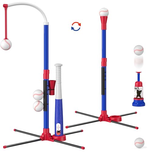 3-in-1 Baseball Set für Kinder 3-5, T Ball Sets Tee Ball Stand mit Hängendes Tee, Ball Launcher und 6 Softbälle, Einstellbare Höhe, Indoor/Outdoor Sport Spielzeug Geschenke für Jungen, blau von HYES