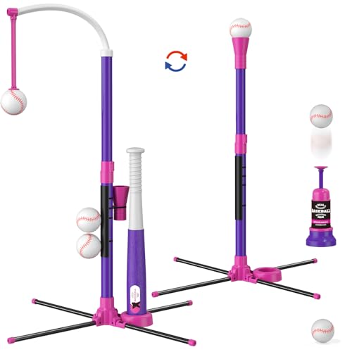 3-in-1 Baseball Set für Kinder 3-5, T Ball Sets Tee Ball Stand mit Hängendes Tee, Ball Launcher und 6 Softbälle, Einstellbare Höhe, Indoor/Outdoor Sport Spielzeug Geschenke für Jungen, violett von HYES