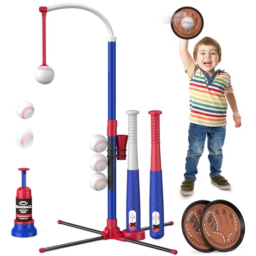 4-in-1 Baseball Set mit Klettballspiel für Kinder 3-5, Tee Ball Stand, TOS und Catch Ball, mit Ball Launcher und 6 Softbälle, Einstellbare Höhe, Indoor Outdoor Spielzeug Geschenke für Jungen, blau 4-in-1 Baseball Set mit Klettballspiel für Kinder 3-5, Tee Ball Stand, TOS und Catch Ball, mit Ball Launcher und 6 Softbälle, Einstellbare Höhe, Indoor Outdoor Spielzeug Geschenke für Jungen, blau von HYES