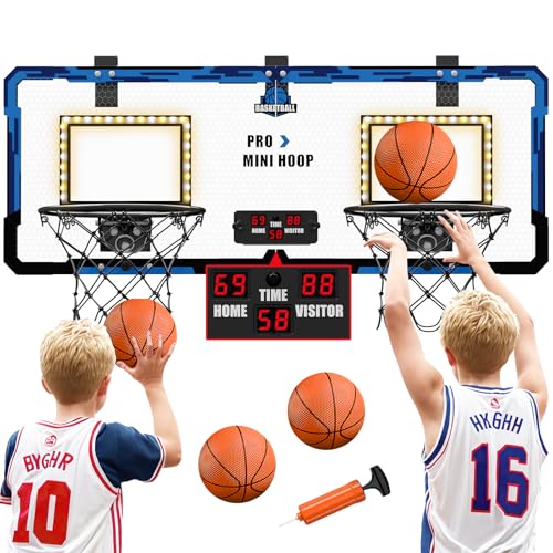 HYES 2-Spieler Basketballkorb für Kinder mit LED-Licht, Basketballkorb für Kids mit 4 Ball Pumpe Indoor Outdoor Basketball Korb Sport Spielzeug Basketball Board, Blau von HYES