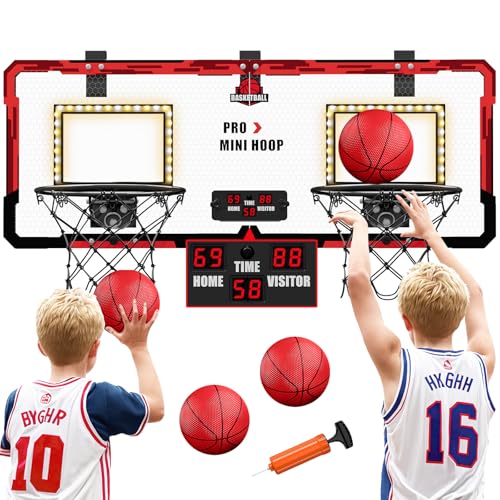 HYES 2-Spieler Basketballkorb für Kinder mit LED-Licht, Basketballkorb für Kids mit 4 Ball Pumpe Indoor Outdoor Basketball Korb Sport Spielzeug Basketball Board, Rot von HYES