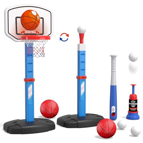 HYES 2 in 1 Basketballkorb Kinder Spielzeug, Basketballkorb Indoor Outdoor Baseball Set ab 2 3 4 Jahre Kinder, mit Pitching Maschine, Baseballschläger, Geschenke für Jungen Mädchen, Blau von HYES