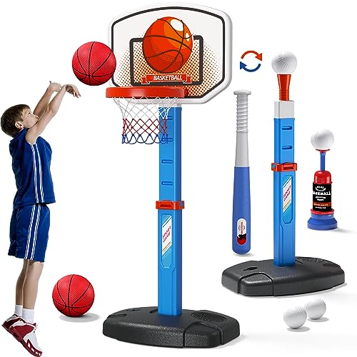 HYES 2 in 1 Basketballkörbe Kinder und T Ball Set, Basketballkorb Ständer Outdoor Indoor Höhenverstellbar Basketball Backboard Hoop Set für Jungen Mädchen 3-12 Jahre, Blau von HYES