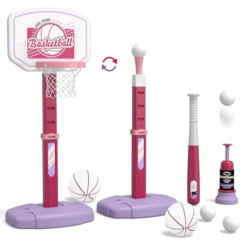 HYES 2 in 1 Basketballkörbe Kinder und T Ball Set, Basketballkorb Ständer Outdoor Indoor Höhenverstellbar Basketball Backboard Hoop Set für Jungen Mädchen 3-12 Jahre, Rosa von HYES