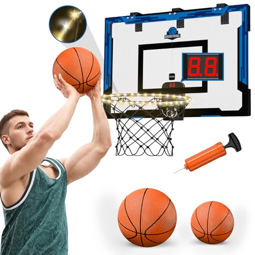 HYES 24" x 16" Großer Basketballkorb Indoor für Kinder, Basketball Korb mit Scorer LED Beleuchtung, 2 Balls, Pumpe, Big Basketball Hoop Spielzeug für Erwachsener Teens Jungen Mädchen (blau) von HYES