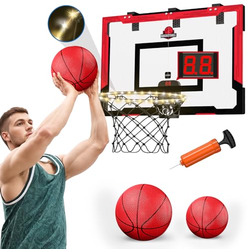 HYES 24" x 16" Großer Basketballkorb Indoor für Kinder, Basketball Korb mit Scorer LED Beleuchtung, 2 Balls, Pumpe, Big Basketball Hoop Spielzeug für Erwachsener Teens Jungen Mädchen (rot) von HYES