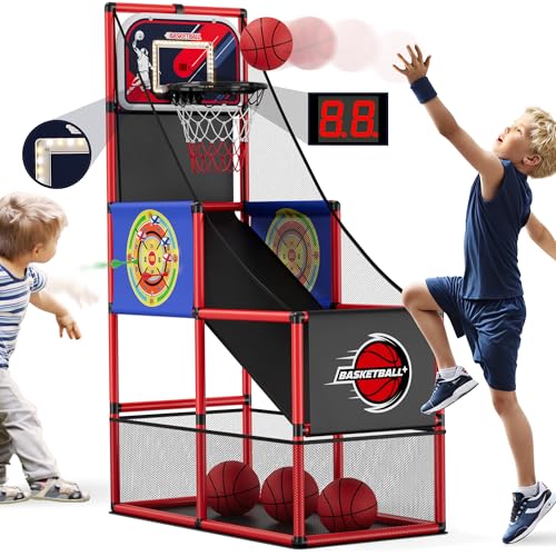 HYES 3 in 1 Basketball Arcade Spiel mit 2 Dart Boards/Elektronische Anzeigetafel/LED Licht, Single Shot Kids Basketballkorb Indoor Outdoor, Sport Spielzeug für Jungen Mädchen Alter 3-12 Jahre alt von HYES