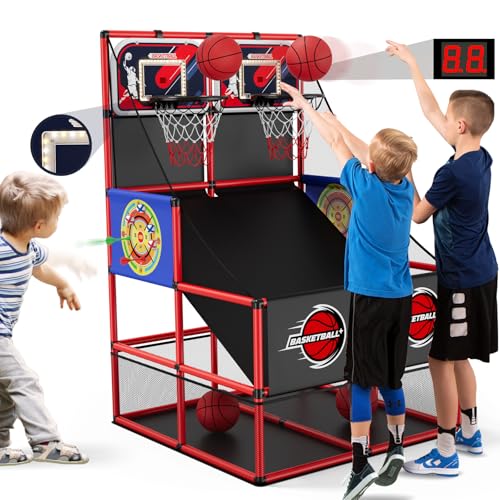 HYES 3 in 1 Dual Shot Basketball Arcade Spiel mit 2 Dart Boards/Elektronische Anzeigetafel/LED Licht, Kinder Basketballkorb für 2 Spieler Indoor Outdoor, Sport Spielzeug für Jungen Mädchen Alter 3-12 von HYES