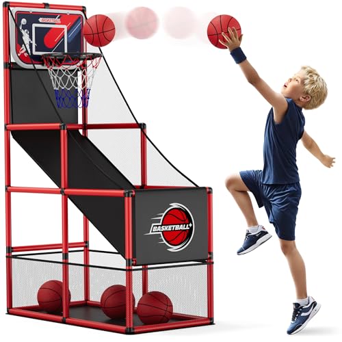 HYES Basketball Arcade Spiel, Kinder Basketballständer mit 4 Bällen, Single Shot Basketballkorb Indoor Outdoor, Karnevalsspiele Sport Spielzeug Geschenke für Jungen Mädchen Teens Alter 3-12 Jahre alt von HYES