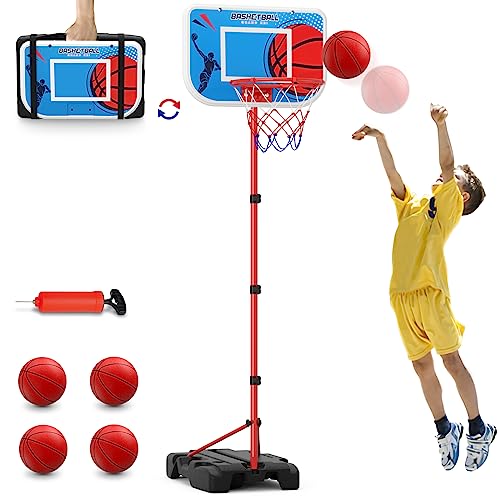 HYES Basketballkorb Kinder, Höhenverstellbar Tragbarer Basketballständer Indoor Outdoor, Basketball Backboard Hoop Set mit Package Design und 4 Balls von HYES