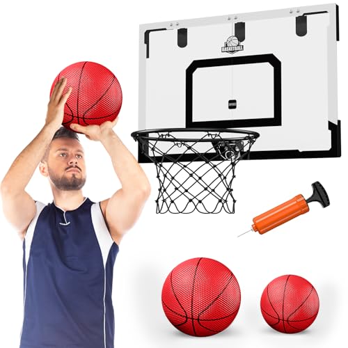 HYES Basketballkorb für Erwachsener Kinder Zimmer Basketball Set mit 2 Ball Pumpe Indoor Outdoor Sport Spielzeug Büro Basketball Board Basketballbrett Wandmontage, Schwarz Weiß von HYES