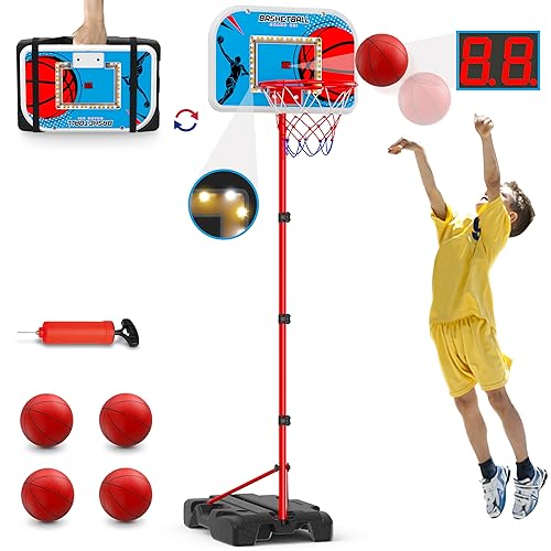 HYES Basketballkorb für Kinder mit Beleuchtung und Scoring, Höhenverstellbar Basketball-Backboard Ständer Hoop Set für Kinder, mit Package Design und 4 Kugeln, Tragbare Basketballkorb(80-160cm) von HYES