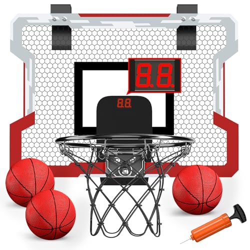 HYES Mini Basketballkorb für Kinder, Basketballkorb Set für Zimmer Basketball Set Mit 3 Ball Pumpe Indoor Office Home Outdoor Basketballbrett, Sport Spielzeug Basketball Board, Rot Weiß von HYES