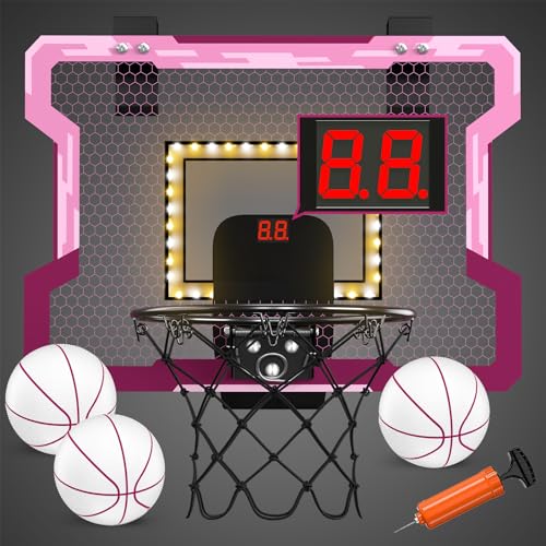 HYES Mini Basketballkorb fur Kinder, Basketball Set Mit LED Beleuchtung, 3 Ball Pumpe Indoor Outdoor Basketballbrett, Sport Spielzeug Basketball Board, Rosa von HYES