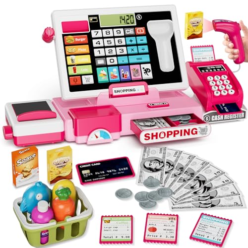 HYES Kinder Kasse Spielzeug mit echtem Rechner Kids Cash Register Toy Pretend Play Store inkl Scanner/Kreditkarte/Spielgeld/Förderer, rosa von HYES