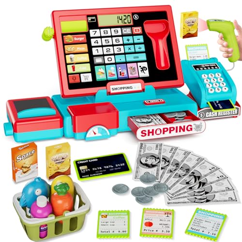 HYES Kinder Kasse Spielzeug mit echtem Rechner Kids Cash Register Toy Pretend Play Store inkl Scanner/Kreditkarte/Spielgeld/Förderer, rot von HYES