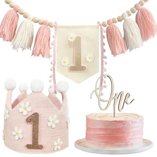 HYHIOTS 1. Geburtstag Banner mit rosa erste Krone Hut und eine Torte Topper für Hochstuhl Dekorationen Baby Girl Foto Dekor von HYHIOTS