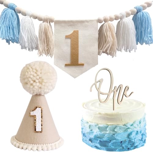 HYHIOTS Hochstuhl Banner 1. Geburtstag Junge mit Geburtstagskrone Baby 1 jahr blau und Kuchendekoration Set für Jungen Babyparty Dekor von HYHIOTS