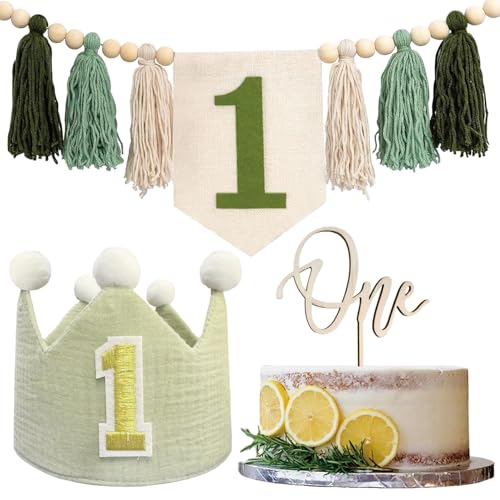 HYHIOTS Hochstuhl-Banner zum 1. Geburtstag für Jungen mit Kronenhut zum ersten Geburtstag und einem Kuchenaufsatz für Jungen, Babyparty-Dekor-Set (Green) von HYHIOTS