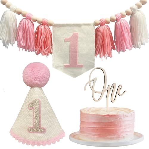 HYHIOTS One Hochstuhl Banner Deko 1 Geburtstag für Mädchen geburtstagsdeko mit ersten Geburtstag Krone Hut und Cake Topper Fotokulisse von HYHIOTS