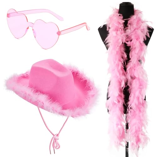 Cowboy Hut, 3 Stück Cowgirl Hut Filz Cowboyhut mit Herzbrille Rosa Federschal Damen Cowboy Hut Cowgirl Kostüm Accessoires Wilder Westen Kostü Westernhut für Party Cosplay Karnevalsfeiertage（ Rosa） von HYMBCFW