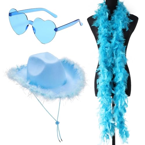 Cowboy Hut, 3PCS Cowboyhut für Damen Filz Cowboyhut mit Herzbrille Federschal Damen Cowboy Hut Cowgirl Kostüm Accessoires Wilder Westen Kostü Westernhut für Party Cosplay Karnevalsfeiertage (Blau) von HYMBCFW