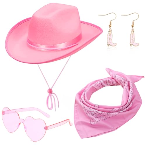 Cowboy Hut, 4PCS Filz Cowboyhut Cowgirl Hut mit Herzbrille Schal Ohrringe Cowgirl Kostüm Accessoires Damen Cowboy Hut Wilder Westen Kostü Westernhut für Party Cosplay Karnevalsfeiertage (Rosa) von HYMBCFW