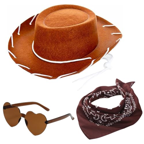 Cowboyhut für Damen, 3 Stück Filz Cowboyhut Cowgirl Hut mit Herzbrille Schal Damen Cowboy Hut Cowgirl Kostüm Accessoires Wilder Westen Kostü Westernhut für Party Cosplay Karnevalsfeiertage (Braun) von HYMBCFW