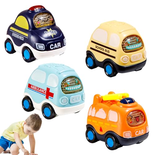 HYMBCFW Baby Auto Spielzeug, 4 PCS Trägheit Reibungsbetriebene Autos mit Schulbus Krankenwagen Polizeiwagen Niedlich Mini Auto Modelle Rennauto Zurückziehen Auto Geschenke für Kinder Jungen 1 2 Jahre von HYMBCFW