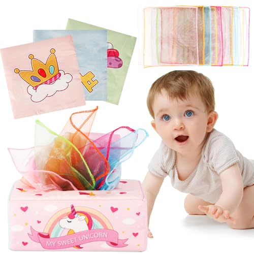 HYMBCFW Babyspielzeug, Tissue Box Baby Montessori Spielzeug mit Farbig Seidentuch Kinder Frühes Lernspielzeug Sensorik Spielzeug Pädagogisches Kinderspielzeug für 0-12 Monate Kinder von HYMBCFW