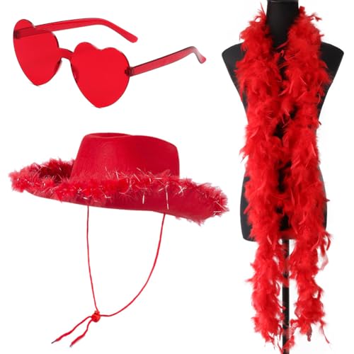 HYMBCFW Cowboy Hut, 3 Stück Filz Cowboyhut Cowgirl Hut mit Herzbrille Federschal Damen Cowboy Hut Cowgirl Kostüm Accessoires Wilder Westen Kostü Westernhut für Party Cosplay Karnevalsfeiertage (Rot) von HYMBCFW