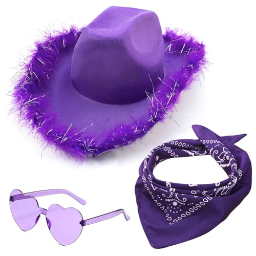 HYMBCFW Cowboy Hut, 3PCS Filz Cowboyhut Cowgirl Hut mit Herzbrille Schal Cowgirl Kostüm Accessoires Damen Cowboy Hut Wilder Westen Kostü Westernhut für Party Cosplay Karnevalsfeiertage (Lila) von HYMBCFW