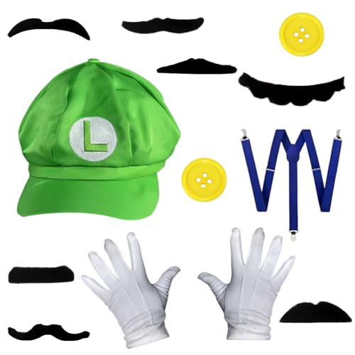 HYMBCFW Marrio Cosplay Kostüm Zubehör, Bros Kostüm Set Hüte Kappen Schnurrbärte Handschuhe Knöpfe Hosenträger Kostüm Accessories Kinder Halloween Kostüme Karneval Kostüm(Grün) von HYMBCFW