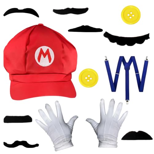 HYMBCFW Marrio Cosplay Kostüm Zubehör, Bros Kostüm Set Hüte Kappen Schnurrbärte Handschuhe Knöpfe Hosenträger Kostüm Accessories Kinder Halloween Kostüme Karneval Kostüm(Rot) von HYMBCFW