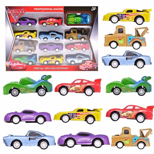 HYMBCFW Mccqueen Autos Spielzeug Set, 12PCS Car Spielzeugauto Set Mini Die Cast Spielzeugautos Pull Back Autos Kleine Fahrzeuge für Kinder Kinderspielzeug Fahrzeuge Pull Back Geschenk für Kinder von HYMBCFW