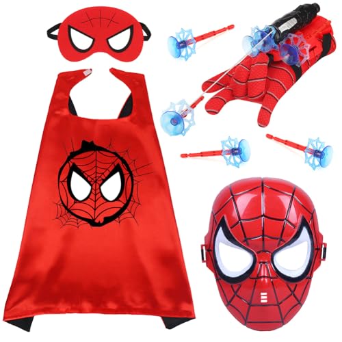 HYMBCFW Spider Umhänge kostüm set, Hero Kostum mit Umhang Maske Launcher Handschuh Rollenspiel Kostüm Cartoon kostüm Handgelenk Spielzeug für Kindergeburtstag Maskerade Rollenspiel Halloween Karneva von HYMBCFW