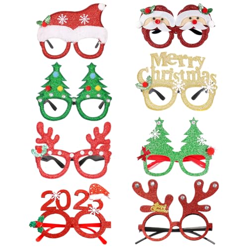 HYMBCFW Weihnachten Brille Rahmen, 8 PCS Weihnachtsbrille Weihnachtsfeier Brillengestell Weihnachten Foto Requisiten Kreative Dekorationen für Weihnachts Maskerade Karneval Kostüm Deko von HYMBCFW