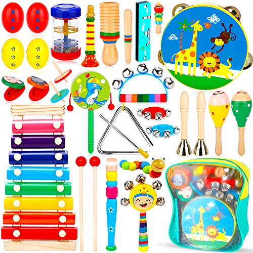 HYOJCWU Musikinstrumente Kinder Set - 33 Stück Instruments Percussion Holzspielzeug, Musikinstrumente für Kinder, Baby Kinder Montessori Spielzeug, Xylophone für Kinder, Geschenke für Kleinkinder von HYOJCWU