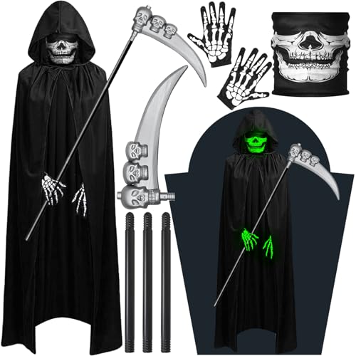 HYOJCWU Sensenmann Kostüm, Halloween Kostüm Set, Halloween Umhang mit Kapuze, Sense Schädelmaske SchädeHandschuhe - Karneval Dekoration Kostüm Halloween Kostüm Set Cosplay von HYOJCWU