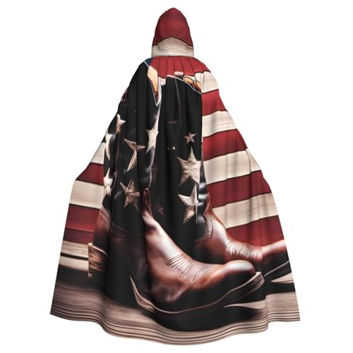 HYTTER Halloween-Umhang mit Kapuze für Cosplay, Kostümpartys und mehr, amerikanische Flagge mit Cowboystiefel-Muster von HYTTER