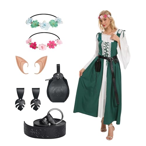 HZVRTN Renaissance Kleid Damen Kostüme Mittelalter Gewand mit Zubehör Kranz (Grüner, L) von HZVRTN