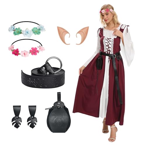 HZVRTN Renaissance Kleid Damen Kostüme Mittelalter Gewand mit Zubehör Kranz (Rosa, L) von HZVRTN