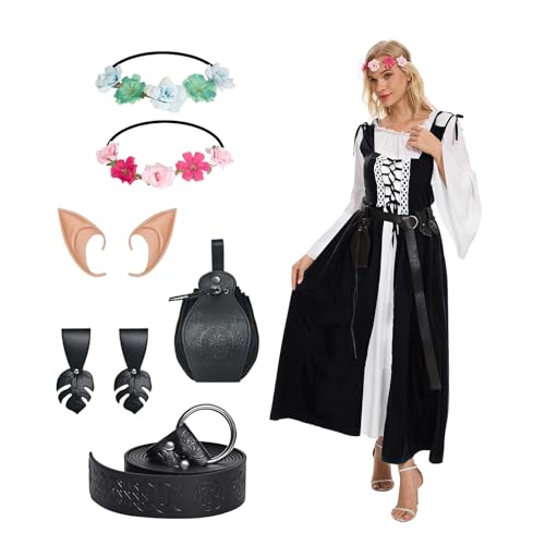 HZVRTN Renaissance Kleid Damen Kostüme Mittelalter Gewand mit Zubehör Kranz (Schwarz, L) von HZVRTN