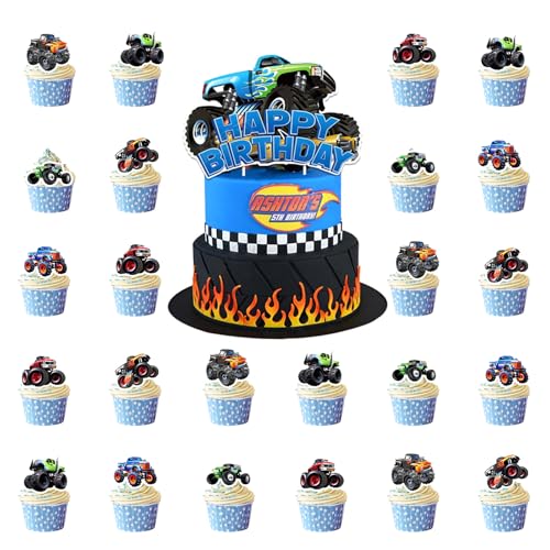 25 Stück Monster Truck Cupcake Tops, Kindergeburtstag Party Supplies, Auto Tortendeko, Happy Birthday Cake Topper, für Kinder Geburtstag Zubehör, Geburtstagsfeier, Baby Party von HaOrchid