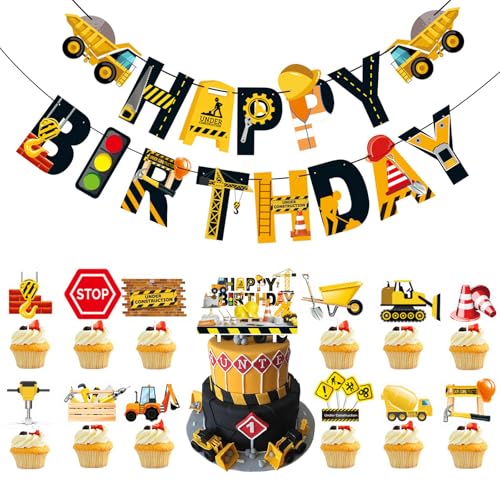 26 Stück Tortendeko Baustelle, Muffin Deko Bagger, Bagger Kindergeburtstag Deko, Baustelle Party Dekoration, Baufahrzeug Cupcake Topper, für Mädchen/Junge Traktor Cake Topper Geburtstag von HaOrchid